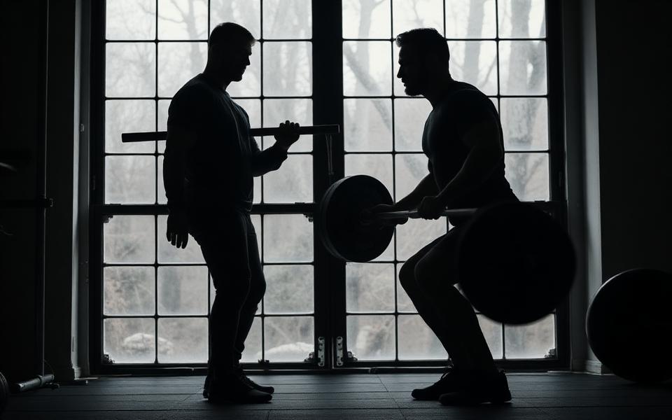 A coach guiding an athlete through a barbell squat, silhouetted against gym windows